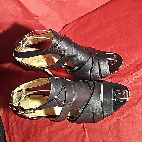 Coach MILA calfskin black leather strappy heels silver logo accent Size 8B VGUC - Picture 3 of 12